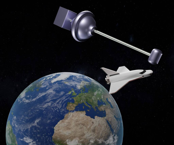 Un skyhook es una estación de órbita pesada está conectada a un cable que se extiende hacia la atmósfera superior de la tierra 3d renderizado - Foto, Imagen