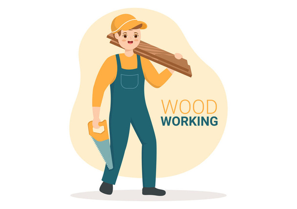 Trabajos de madera con corte de madera por artesano moderno y trabajador usando herramientas en ilustración de plantilla dibujada a mano de dibujos animados planos - Vector, imagen