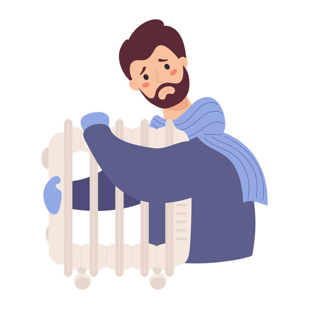 スカーフに身を包んだ悲しい髭の男は、バッテリーの近くで寒さと寒さを緩和します。ベクトルイラスト。寒い季節と低温、病気や寒さの苦しみ - ベクター画像