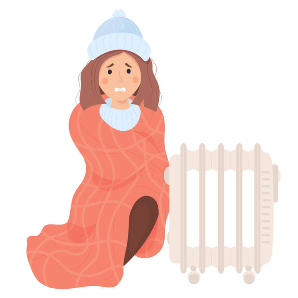 Γυναίκα τυλιγμένη σε κουβέρτα είναι κατάψυξη και basking κοντά στο ψυγείο. Κινούμενα σχέδια επίπεδη διανυσματική απεικόνιση. Εποχή έννοια κρύο, υποφέρουν από χαμηλή θερμοκρασία βαθμούς και θέρμανση του δωματίου - Διάνυσμα, εικόνα