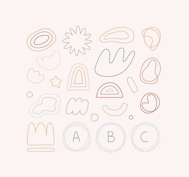 Childish abstract shape collection. Vector illustration set. Group of various pastel color line shapes isolated on beige background. Design element - Vector, Image