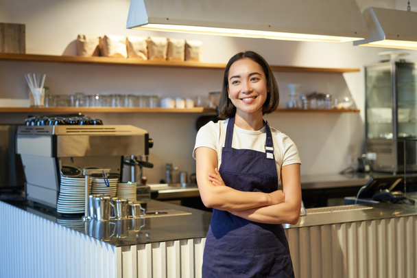 Hymyilevä aasialainen tyttö barista, seisoo lähellä laskuri kahvilassa, yllään yrityksen esiliina, rajat kädet ja näyttää luottavainen. - Valokuva, kuva