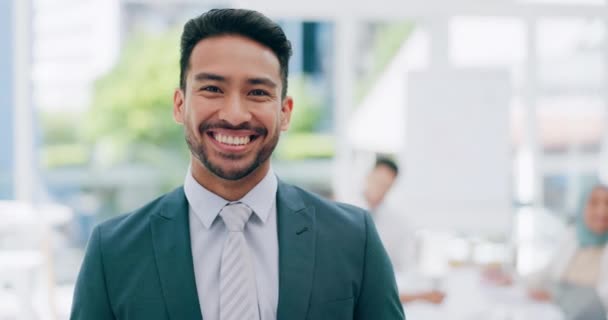 Face, portrait or happy lawyer with a smile thinking of legal career success or attorney goals in a law firm office. Motivation, advocate or headshot of Asian man with growth mindset smiling in Tokyo. - Felvétel, videó