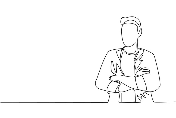 Jatkuva yhden linjan piirustus nuori liikemies seisoo taitettu aseita. Hymyilevä komea mies rennoissa vaatteissa kädet ristissä seisomassa eristyksissä. Piirrä piirtovektorin graafinen piirros - Vektori, kuva