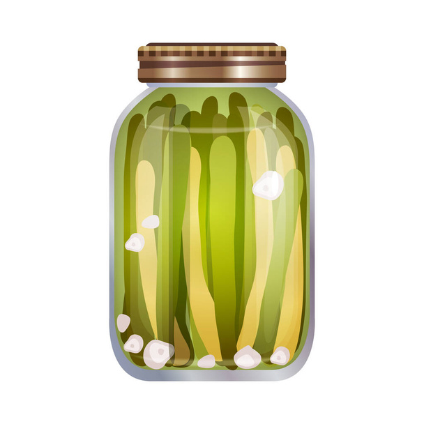 Composition des cornichons avec image isolée de pot de maçon rempli de légumes marinés sur fond blanc illustration vectorielle - Vecteur, image