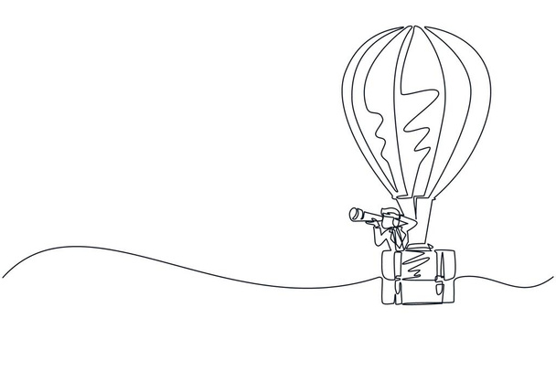 Sıcak hava balonu çantasıyla teleskoptan bakan tek sıra halinde iş adamı. Balonlu adam başarıya gidiyor. İş seyahati. Bir çizgi çizimi tasarım vektörü illüstrasyonu - Vektör, Görsel