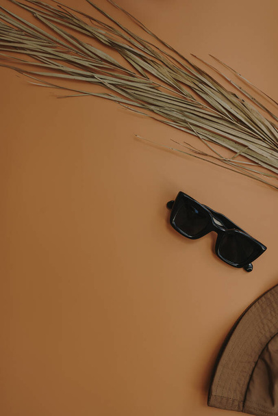 Sonnenbrille, Panamahut, getrocknetes tropisches Palmenblatt auf orangefarbenem Hintergrund. Flache Lage, von oben betrachtet minimale Modecollage. Weiblicher Modeblog, Shopping-Konzept - Foto, Bild