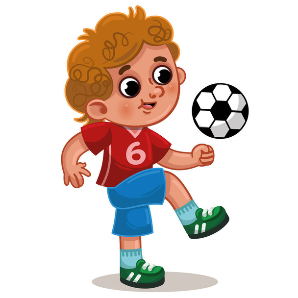 A sportos kisfiú egy focilabdával játszik. Vektorillusztráció. - Vektor, kép