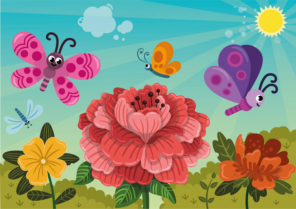 Δύο χαριτωμένες νεράιδες πετούν κοντά σε λουλούδια. Εικονογράφηση διανύσματος. - Διάνυσμα, εικόνα