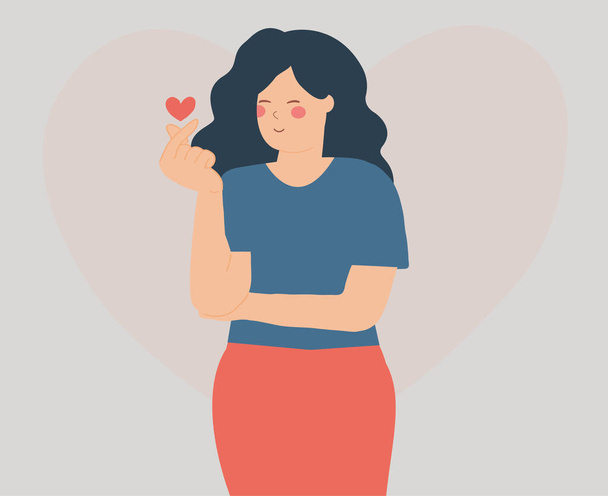 Happy young woman makes mini heart gesture in Korean style. Female character says hi or hello with hands. Asian girl crossed index and thumb fingers to show love and empathy. Vector illustration - Vektor, kép