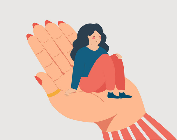 孤独な女性が大きな手に座って、サポートとケアを必要とします。カウンセラーはストレス、不安、うつ病を取り除くために悲しいティーンエイジャーの女の子を助けます。ストレス下の人々のための概念。ベクターイラスト - ベクター画像