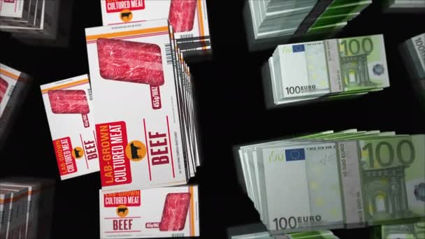 Cultured meat lab-grown box and Euro money bundle stacks. Synthetic beef from biotech science industry. Abstract concept 3d loopable seamless animation. - Footage, Video