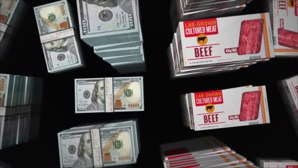 Cultured meat lab-grown box with UK Dollar money bundle stacks. Synthetic beef from biotech science industry. Abstract concept 3d loopable seamless animation. - Footage, Video