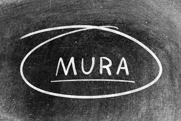 Άσπρη κιμωλία χέρι γραφής στη λέξη mura και το σχήμα κύκλου στον πίνακα φόντο - Φωτογραφία, εικόνα