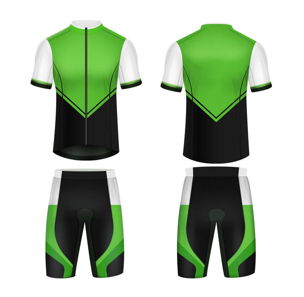 Vista frontal y trasera de la maqueta de jersey de ciclismo en colores verdes y negros aislados sobre fondo blanco ilustración vectorial realista - Vector, Imagen