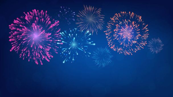 Realistic fireworks collection of blue night twilight backgrounds - Vector, Image
