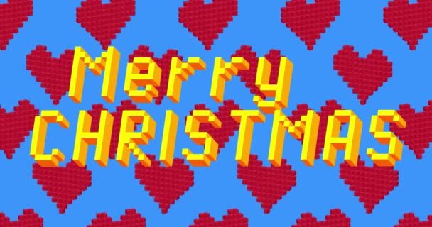 Pixel Dancing red Heart Pattern with Merry Christmas text. Cartoon animation on blue background. - Footage, Video