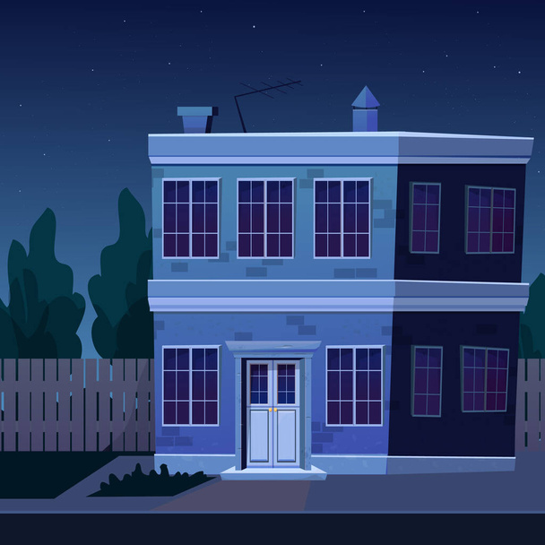 Edificio nocturno, apartamento, hora del apagón. Propiedad en tiempo oscuro en estilo de dibujos animados. Escena callejera. Ilustración vectorial - Vector, Imagen