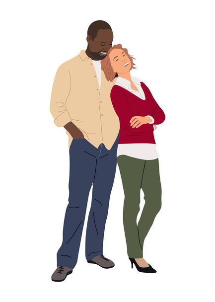 人種間の愛のカップル。ロマンチックな関係で幸せな黒人男性と女性,日付,抱擁,一緒に立って.白を基調にした漫画風ベクトルリアルなイラスト - ベクター画像