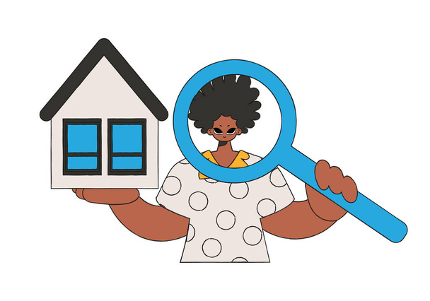 Male real estate agent holding a house and a magnifying glass. Selling and owning a house. - Vector, Image