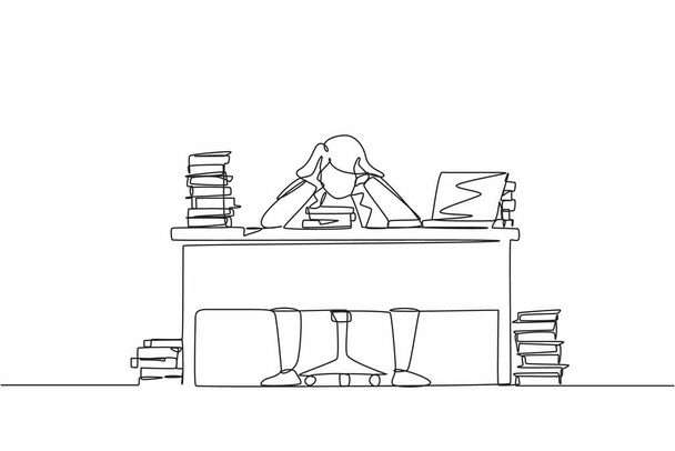 Eine durchgehende Linie zeichnet eine gestresste Geschäftsfrau, die im Büro Wutanfälle bekommt und ihre Hände an seinen Kopf hält, während sie an einem Schreibtisch sitzt, der von Akten umgeben ist. Eine Linie zeichnen Grafik-Design-Vektor - Vektor, Bild