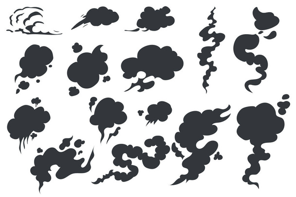 Rauchsilhouetten isolierten grafische Elemente in flachem Design. Bündel verschiedener schwarzer Dampf- und Dampfformen, Gasgeruch oder Wolkenstrukturen, die sich im Comic-Stil bewegen. Illustration. - Foto, Bild