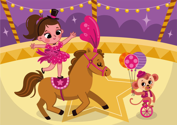 Zirkusvorstellung mit einem netten Mädchen und einem Pferd. Vektorzeichentrickfigur. - Vektor, Bild