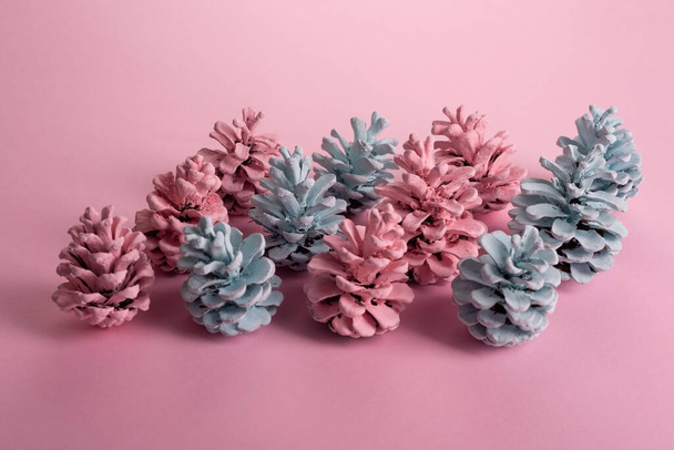 Kerstmis minimalistisch concept roze blauwe verf kerst kegels. - Foto, afbeelding