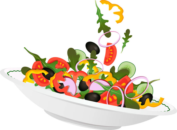 Kasvissalaattilautanen, jossa sipuli, retiisi, kurkku, oliivi, tomaatti, arugula läpinäkyvällä taustalla - Vektori, kuva