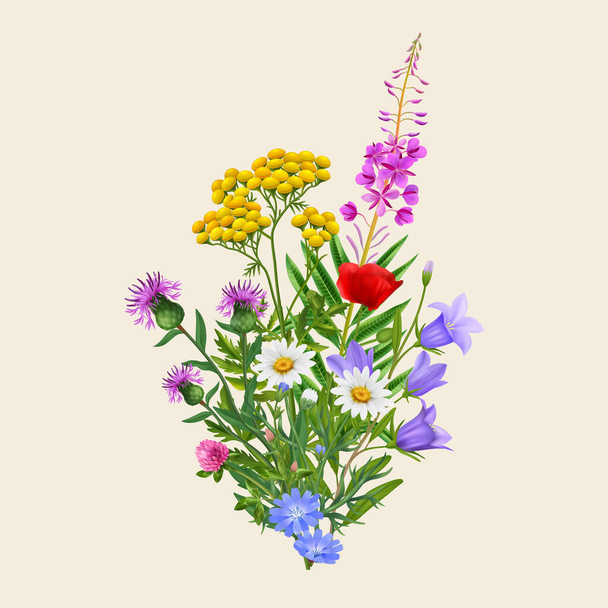 Realistic colorful wild flower bouquet on sepia background vector illustration - Vector, Image
