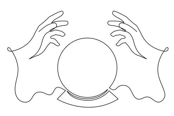 Τα χέρια κατέχουν μαντεία κρυστάλλινη σφαίρα μία γραμμή τέχνης, χειροποίητα magiv τύχη λέει συνεχή περίγραμμα. Αποκρυφιστική έννοια.Μινιμαλιστικό σχέδιο τέχνης. Επεξεργάσιμο εγκεφαλικό επεισόδιο. Απομονωμένο. Διάνυσμα - Διάνυσμα, εικόνα