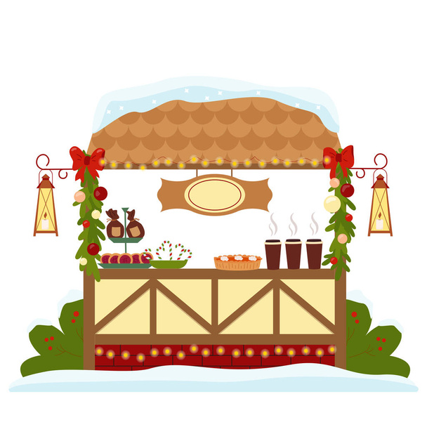 Різдвяний ярмарок плоский фон композиція з видом спереду ринкової стійки з цукерками та парними чашками Векторні ілюстрації
 - Вектор, зображення