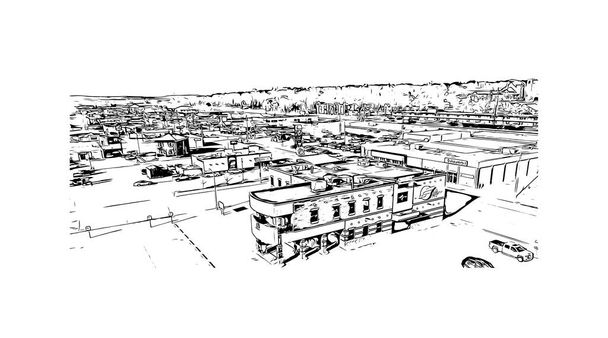 Print Building view with landmark of Pierre Dél-Dakota fővárosa. Kézzel rajzolt vázlat illusztráció vektorban. - Vektor, kép