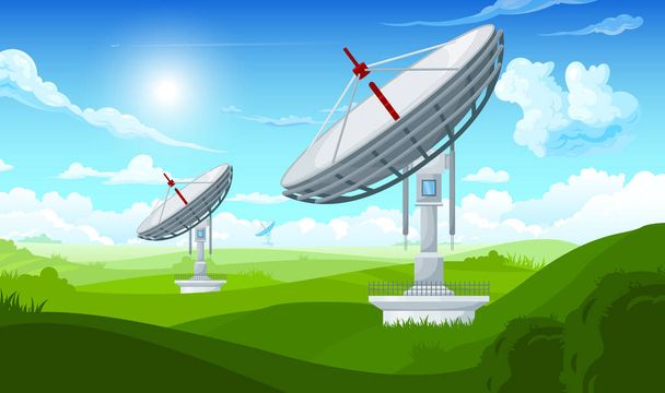 Composición de torres de comunicación con paisaje al aire libre cielo soleado y colinas verdes con enorme 5g plato antenas vector ilustración - Vector, Imagen