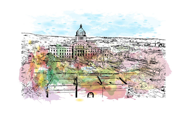 印刷ピエールのランドマークとビルの景色は、サウスダコタ州の首都です。手描きのスケッチイラストと水彩スプラッシュベクトル. - ベクター画像