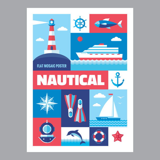 Nautical - mosaic poster with icons in flat design style. Vector icons set. Set of icons marine. Design elements. - Vector, Image