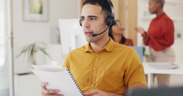 Man, telemarketing agent and working with documents for customer details, customer service consultant and crm contact us. Call center support, sales consulting and businessman report discussion. - Footage, Video