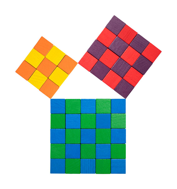 Pythagorova věta, zobrazena s členěnými barevnými dřevěnými kostkami. Vztah stran pravoúhlého trojúhelníku. Dvě menší čtverce dohromady mají stejnou plochu jako ta velká. Izolovaný, shora. Fotografie - Fotografie, Obrázek