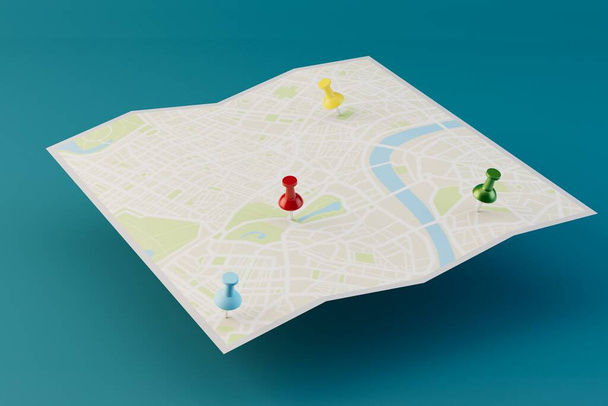 Straßenkarte mit GPS-Symbolen auf türkisfarbenem Hintergrund. Navigation. 3D-Darstellung. - Foto, Bild