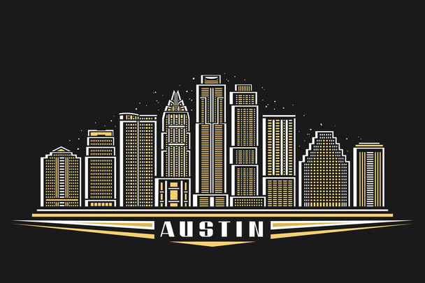 Εικονογράφηση διάνυσμα του Austin, σκούρο οριζόντιο αφίσα με γραμμικό σχεδιασμό διάσημο austin τοπίο της πόλης στο dusk ουρανό φόντο, αμερικανική αστική γραμμή τέχνης έννοια με διακοσμητικά γράμματα για λευκό κείμενο austin - Διάνυσμα, εικόνα