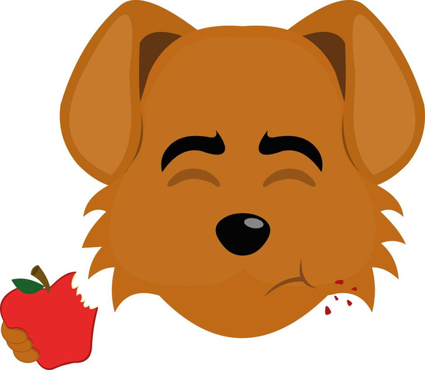 vector illustration of the face of a cartoon dog eating a red apple - Vector, Image