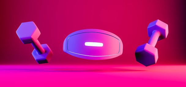 3D illustratie van futuristische VR helm en paar halters voor virtuele fitness workout zweven onder violette neon verlichting tegen neon achtergrond - Foto, afbeelding
