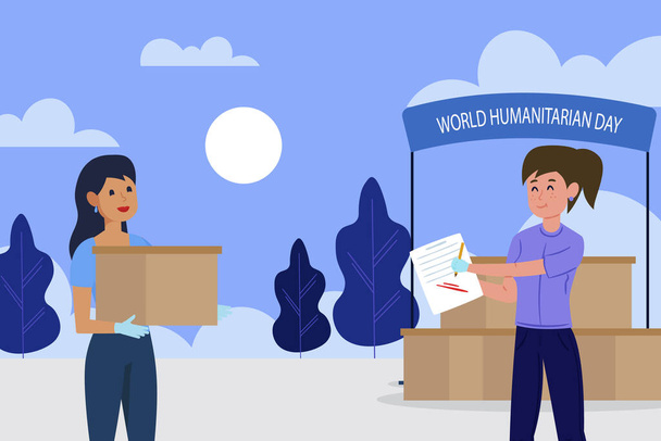 Flache Welt humanitären Tag Hintergrund mit Menschen bekommen Box Vector Illustration - Vektor, Bild