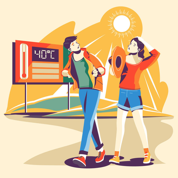 Ilustración de calor plana de verano con pareja caminando al aire libre Ilustración vectorial - Vector, Imagen