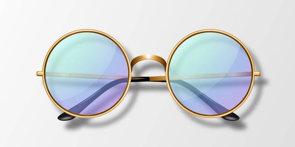Vector 3d Realistic Round Frame Glasses Icon Isolated. Golden Frame. Transparent Purple Sunglasses for Women and Men, Accessory. Optics, Lens, Vintage, Trendy Glasses. Top View. - Vettoriali, immagini