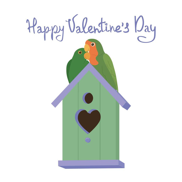 白い背景にかわいい恋人のカップルと鳥の家。バレンタインデーのお祝い - ベクター画像