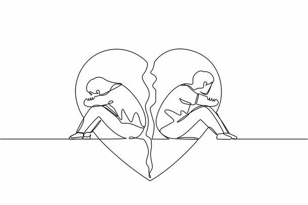 Одна линия, изображающая пару мужчин и женщин, сидящих спиной к спине, грустных и злых друг на друга. Расставание, проблемы в отношениях, разбитое сердце, расставание. Вектор непрерывного графического дизайна - Вектор,изображение