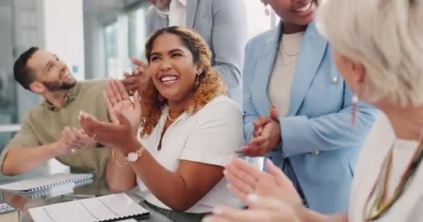Business people, clapping or success in diversity meeting for marketing teamwork, advertising goals or branding target. Smile, happy or applause for creative designer, men or women in office growth. - Footage, Video
