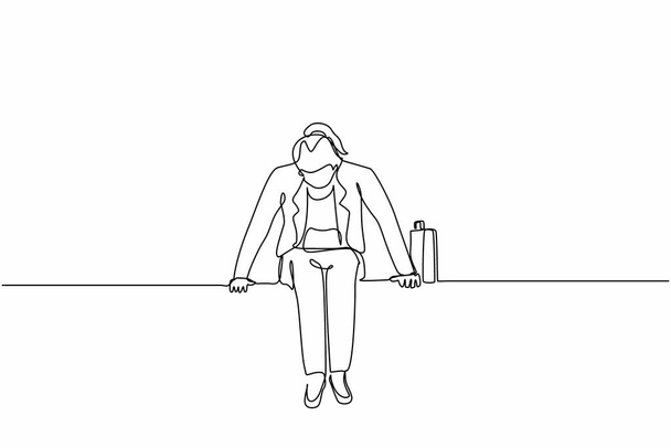 Yksirivinen piirustus surullinen liikenainen istuu penkillä yksin. Masennuksesta kärsivä nainen, kokee irtisanomista, joutuu vaikeaan elämäntilanteeseen, epätoivoon. Jatkuva linjasuunnittelu graafinen vektori - Vektori, kuva