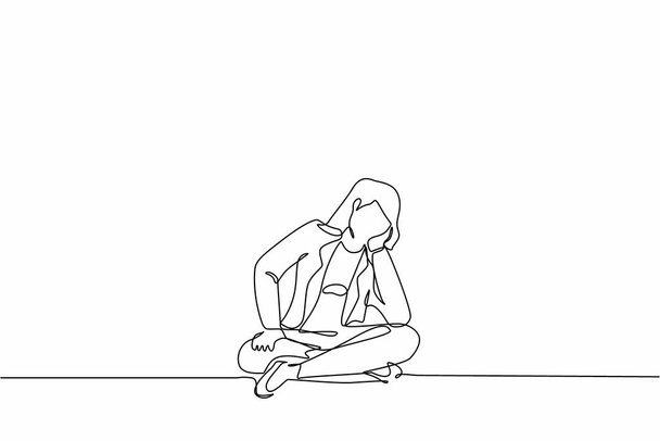 Single continuous line drawing businesswoman who is asking questions or is confused because she gets into problem. Running out of idea, daydreaming, sad, depressed. One line draw graphic design vector - Vector, Image